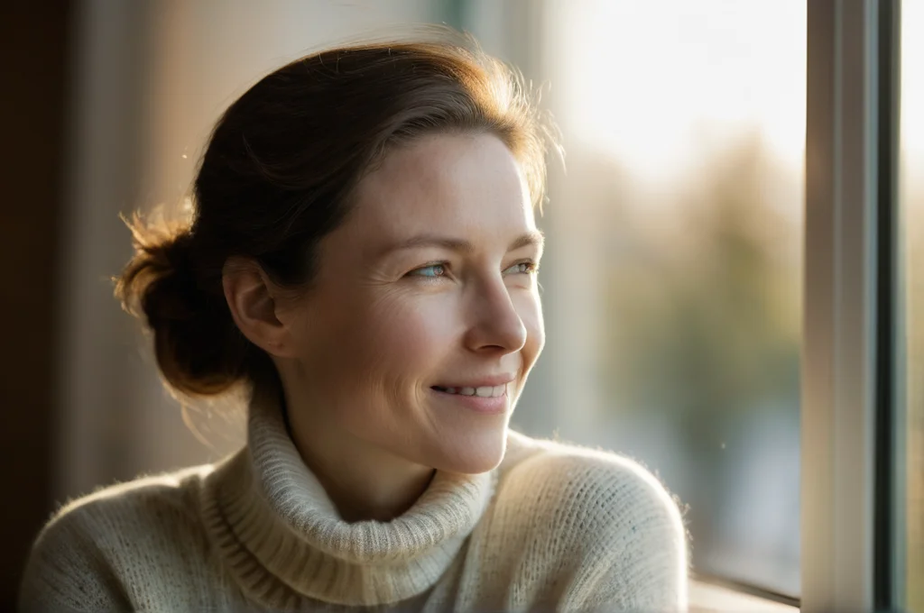 Frau genießt das Ergebnis nach der BEWEI Behandlung — strahlend, entspannt, jugendlich