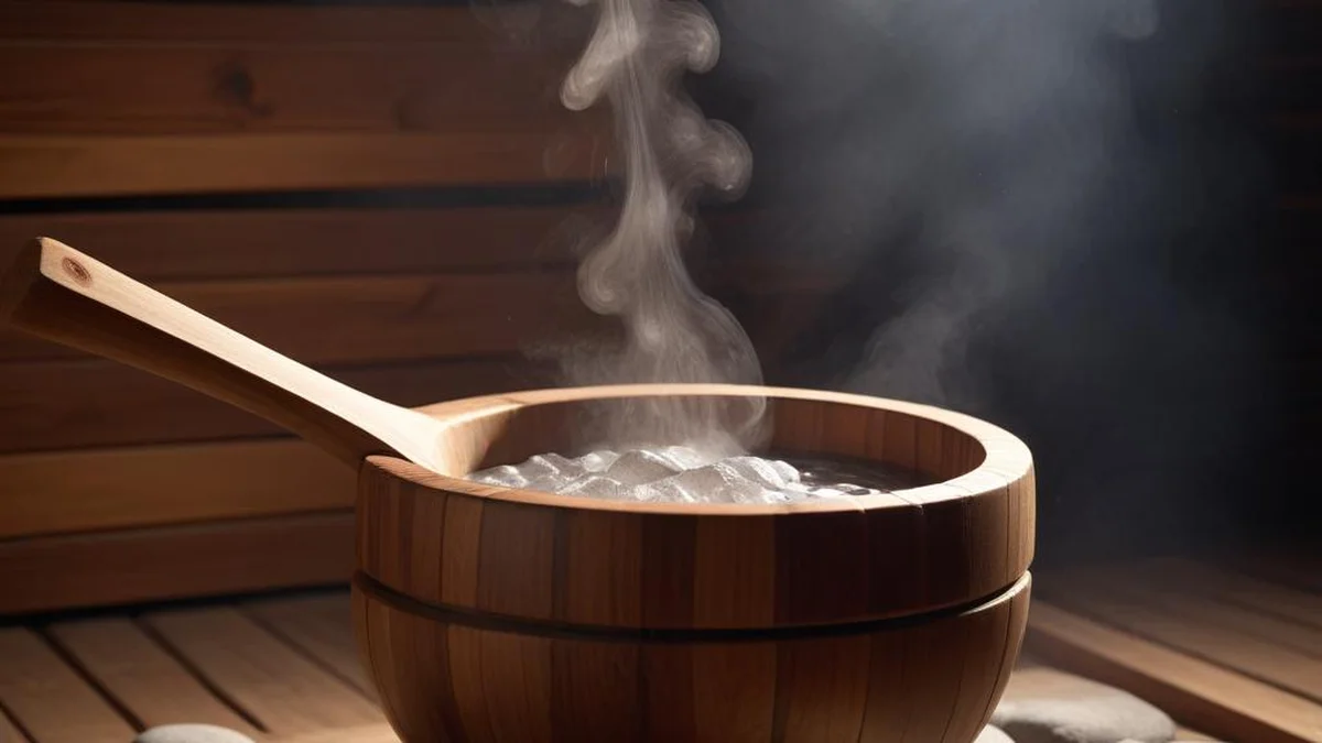 Kelle gießt Wasser auf glühende Saunasteine — traditioneller Aufguss