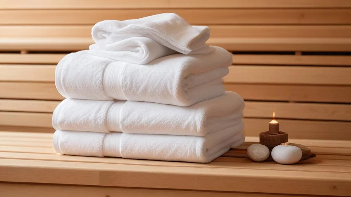 Gefaltete Spa-Handtücher auf einer hellen Holzbank in der Sauna