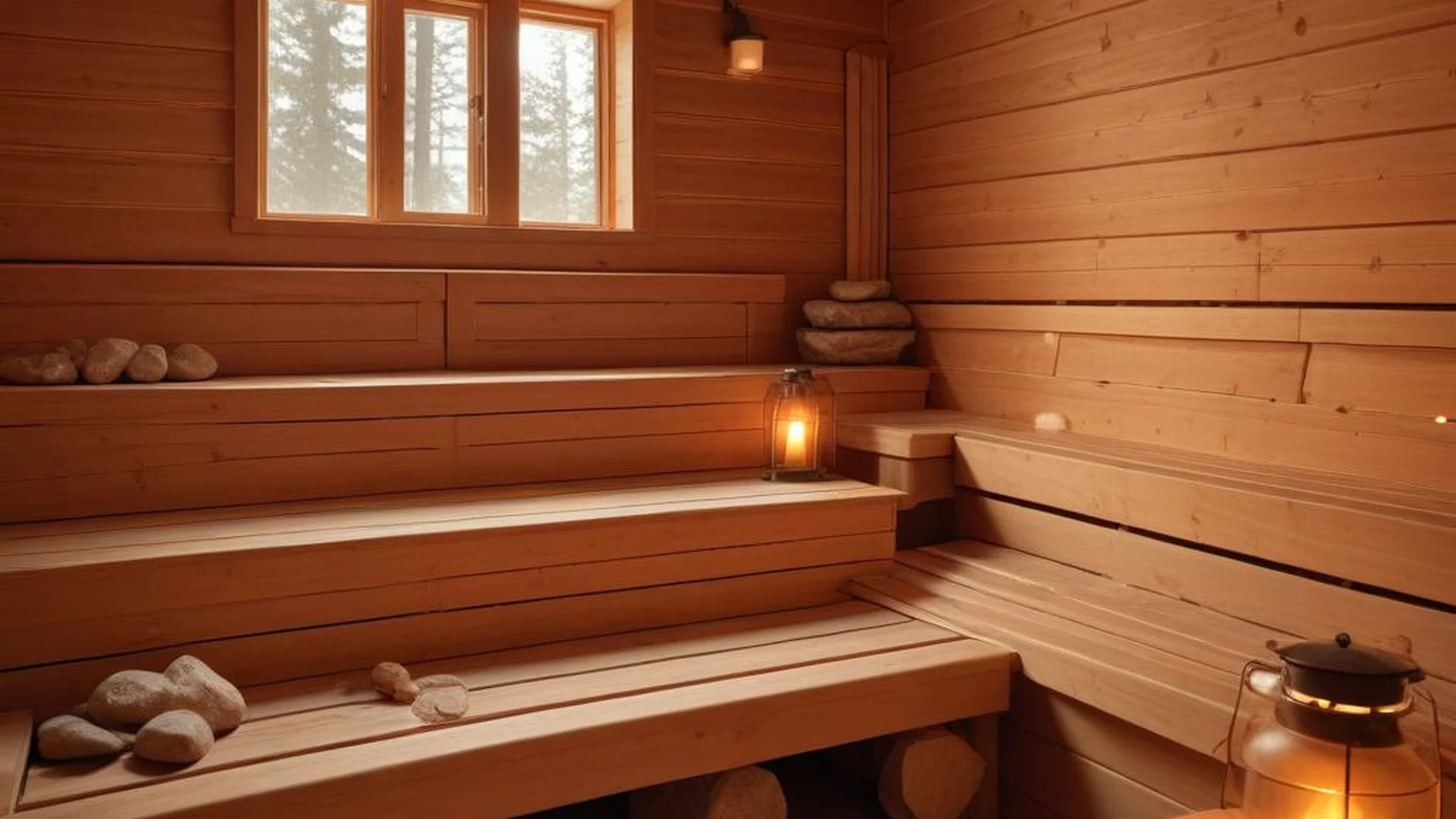 Innenraum einer finnischen Sauna mit warmem Holzlicht