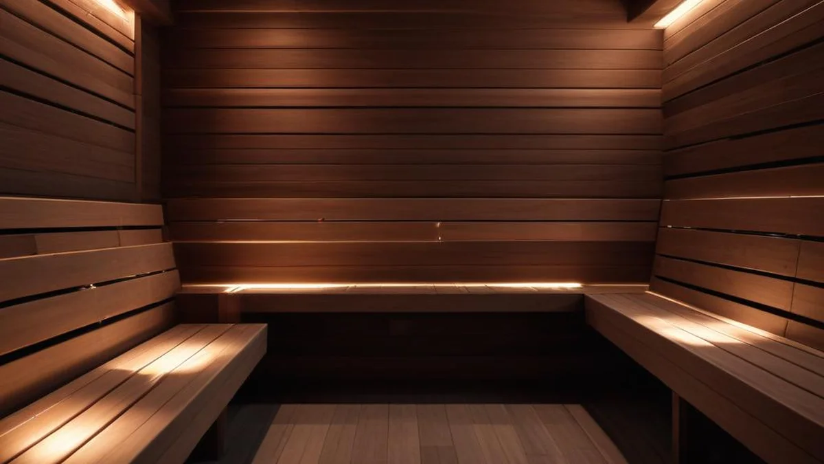 Ruhige Atmosphäre in einer dunklen Holzsauna