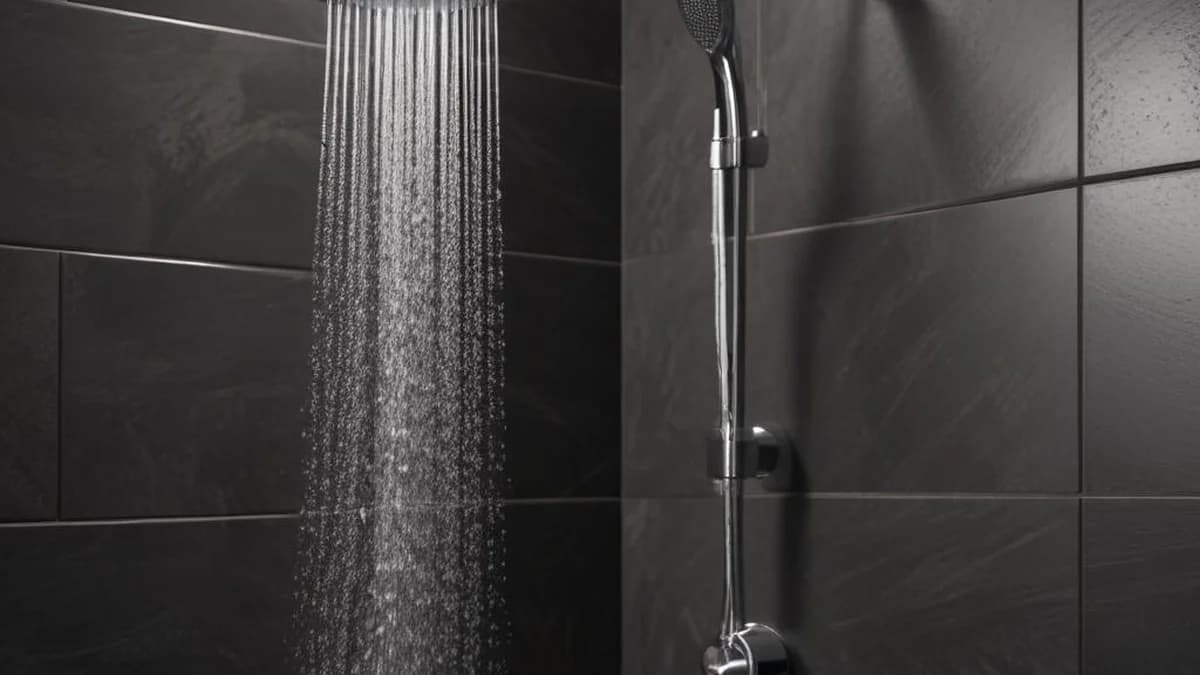 Warmes Wasser aus einer Regendusche — Vorbereitung vor dem Saunagang